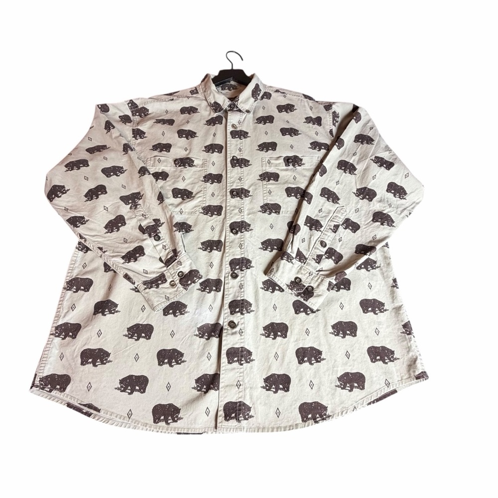 WOOLRICH KHAKI BEAR PRINT MEN’S COTTON BUTTON-DOWN SHIRT SIZE LARGE - Picture 4 of 11